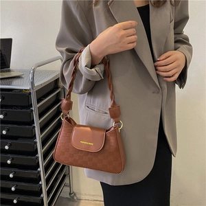 Brown checkered underarm bag with woven handle and flap cover for women style