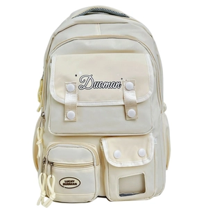 Cream multi-pocket nylon backpack for women featuring large capacity and stylish design