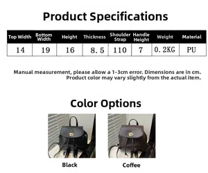 Detailed size chart and PU leather backpack dimensions with color options for black and brown