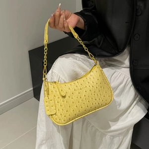 Yellow ostrich pattern crescent bag with gold chain strap for women's fashion