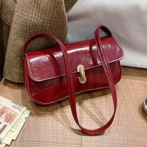 Sac À Bandoulière Baguette Rétro Français Pour Femmes En Cuir PU Verni Brillant Avec Boucle En Métal Doré Mode