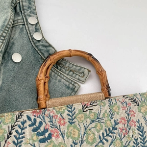 Large floral canvas tote bag with bamboo handles and vintage embroidery details