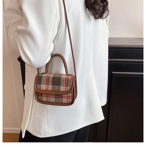 Mini plaid crossbody bag with brown leather trim and shoulder strap shown on a white blazer