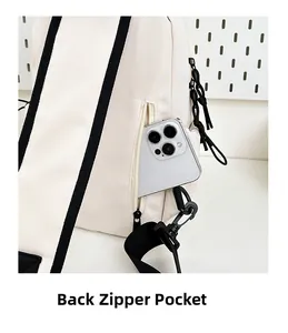 Vue détaillée de la poche zippée antivol au dos d'un sac de poitrine en nylon écru