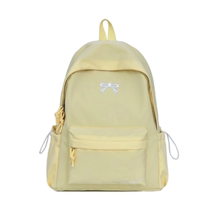 Minimalist light yellow waterproof nylon backpack with white embroidered bow decoration