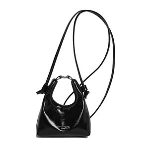 Minimalist black patent leather crossbody handbag with top handle and silver logo