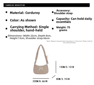 Corduroy shoulder bag dimensions 22x8x13cm with bow detail and 66cm strap length