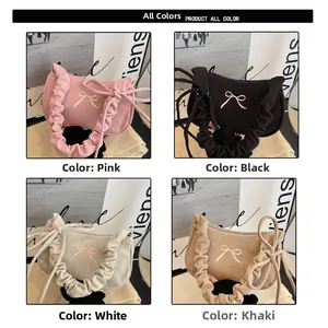 Corduroy shoulder bag color options in pink black white and khaki with bow embroidery