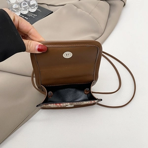 Chic plaid pattern crossbody bag with brown faux leather flap and slim shoulder strap