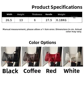 Detailed dimension chart and four color variants of the stylish PU leather baguette bag
