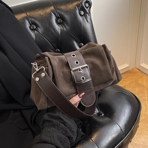 Sac Bandoulière Femmes PU Aspect Daim Rétro Vintage Grosse Boucle Métallique Bandoulière Large Réglable Sac À Épaule