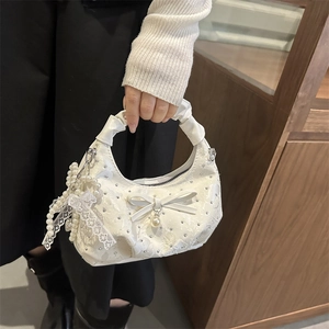Women Pleated Ruched Hobo Bag Artificial Pearl Bow Shoulder Handbag Chic Lace Chain Crossbody Bag Elegant Coquette Sweet