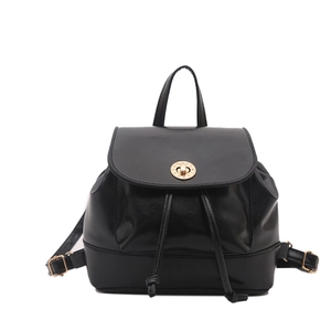 Classic black faux leather women's backpack with gold twist-lock and drawstring closure