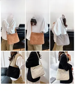 Corduroy crossbody bag display in four colors showing practical daily wear for women