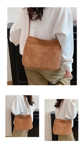 Brown corduroy bucket bag with vertical stripe texture shown in multiple model view angles