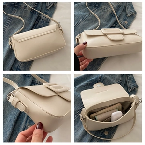 Detailed views of the cream faux leather crossbody bag showing interior and exterior