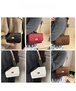 Detailed views of V-quilted flap chain bags in black, red, brown, and white colors
