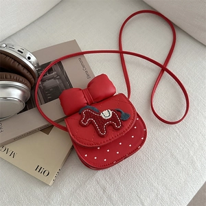 Red girls' crossbody bag with cartoon pony embroidery and 3D bow on white texture