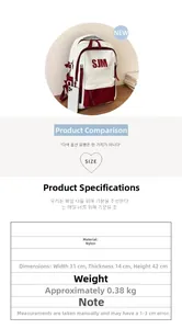 Detail view of large nylon color-block backpack with dimensions 31x14x42cm and SJM logo