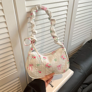 French Style Floral Seersucker Underarm Bag For Women Sweet Bow Print Ruched Shoulder Bag Baguette Purse Small