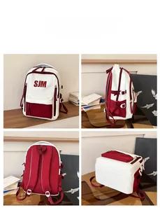Detailed four-angle view of large capacity red and white color-block canvas backpack
