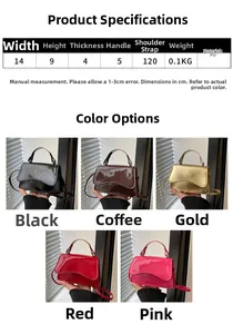 Detailed size chart and dimensions of the small glossy PU leather handbag in five colors