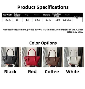 Size chart and dimensions for the minimalist PU leather bucket handbag in four colors