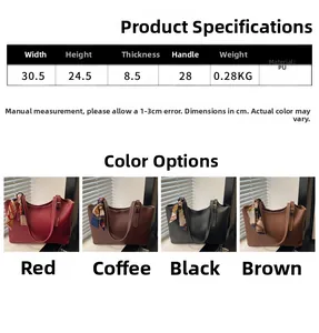 Detailed chart showing PU tote bag dimensions and four colors with decorative silk scarves