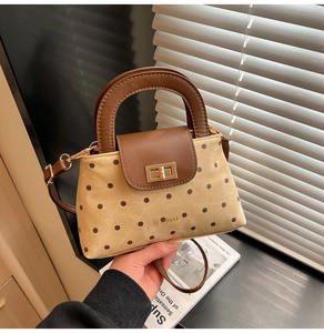 Détail du sac à main à pois avec poignée en cuir et fermoir rotatif doré élégant