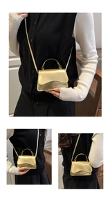 Gold contrast small square bag shown in multi-angle views with wave flap and handle