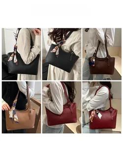 Collage of chic tote bags in four colors with decorative scarves shown on a model