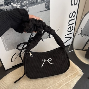 Corduroy Underarm Bag Bow Embroidery Ruched Shoulder Strap Fashion Casual Handbag For Women Sweet Style