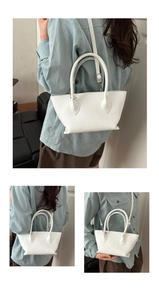 Three lifestyle views of a white lychee leather bucket bag styled with a casual outfit