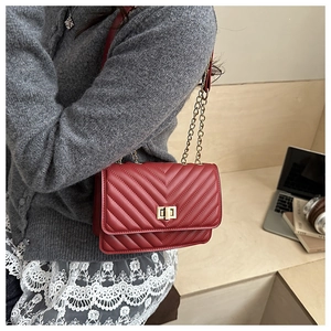 Close-up of red quilted crossbody bag with gold chain strap and metal turn-lock closure