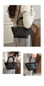 Detailed views of a black litchi leather bucket bag shown in handheld and shoulder styles