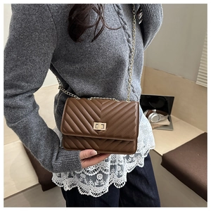 Close-up of brown quilted leather bag with gold chain strap and turn-lock closure