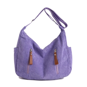 Purple corduroy crescent crossbody bag with double front zippers and large capacity