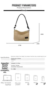 Detailed size specifications and daily essentials capacity of the beige woven straw bag