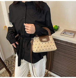 Detailed view of polka dot crossbody bag with gold twist lock and brown leather handle