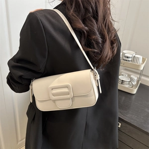 Minimalist cream white flap underarm bag in smooth PU leather with square buckle