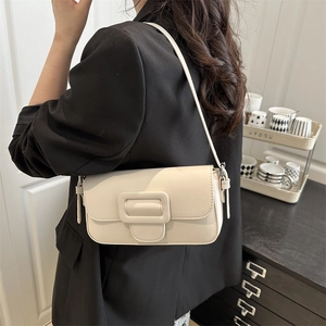 Minimalist beige rectangular flap baguette bag with large buckle for women on shoulder