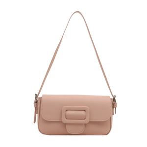 Classic pink flap shoulder bag with matte leather and decorative oversized square buckle