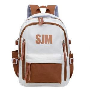 Large capacity color-block backpack in white and brown with SJM logo for students