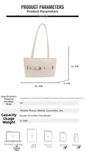Detailed size chart for the off-white PU tote bag showing dimensions and capacity specs