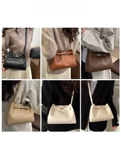 Detailed views of leather tote bags in six colors featuring silver buckle closures