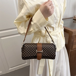 Retro brown geometric patterned shoulder bag for women with leather strap and metal buckle