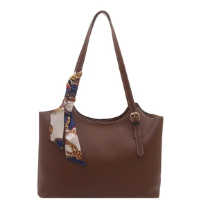 Classic dark brown tote bag for women with decorative silk scarf and golden buckle detail