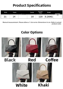 Size chart and dimensions for the PU leather crossbody bag featuring five color options