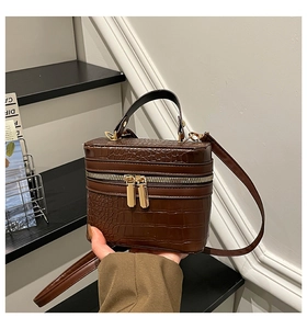 Detail view of mini box bag with dark brown crocodile pattern and gold zipper hardware
