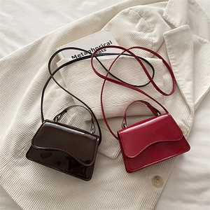 Retro contrast color patent leather mini handbags in dark brown and rose red displayed on blazer
